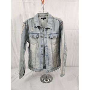 Elwood Mens Small Light Wash Distressed‎ Denim Trucker Jacket Side Stripe Blue